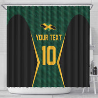 Green cricket shower curtain with rod hooks, black side panels, gold 'YOUR TEXT' 10
