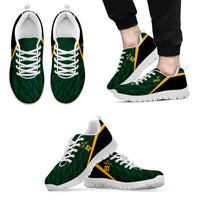 Green sneakers with white sole, lace-up, yellow side stripe, pair and side views