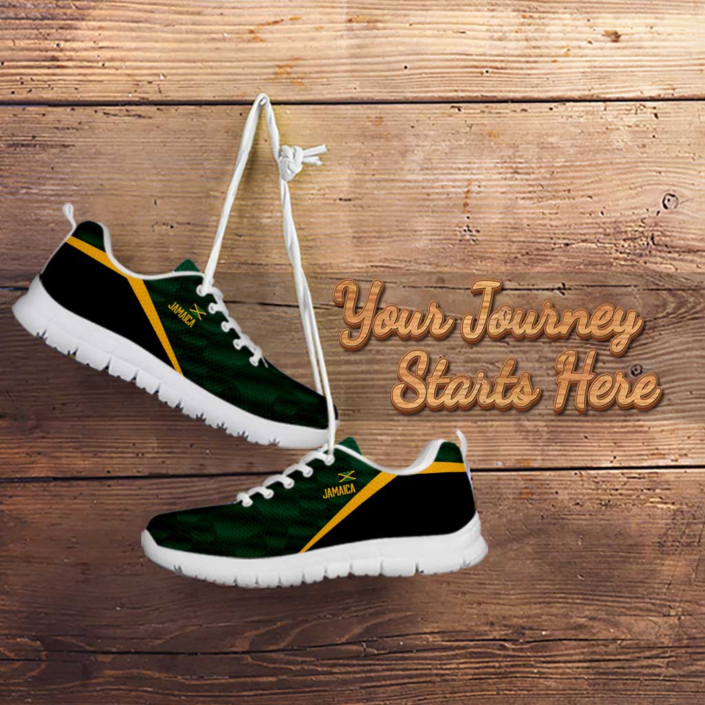 Green sneakers with white sole and yellow stripe, side profile with laces