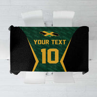 Green, black and gold cricket jersey style tablecloth with printed “10” and “YOUR TEXT”