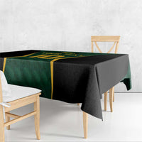 Green and black cricket tablecloth with gold border and long draped sides