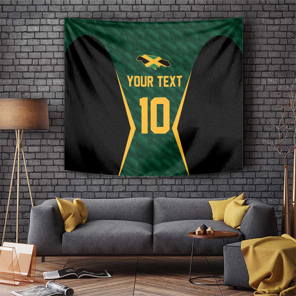 Green and black cricket jersey tapestry with gold number 10 and "YOUR TEXT" center