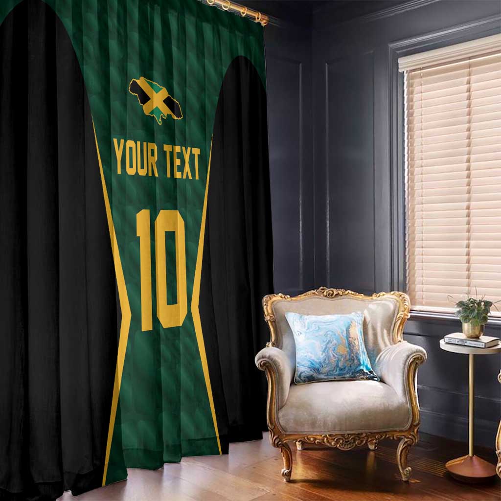 Green and black window curtain with gold jersey print and 'YOUR TEXT', styled by a window