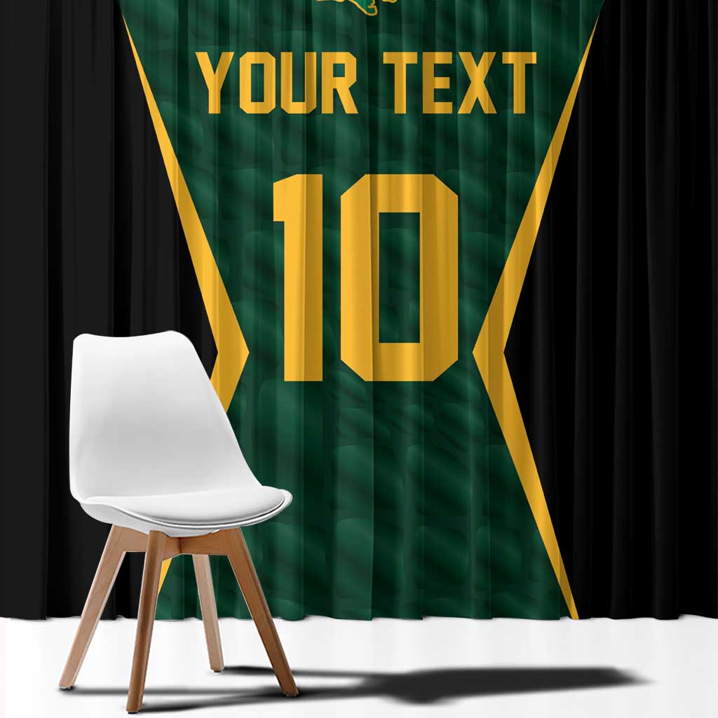 Close-up green and black window curtain with gold jersey number 10 and 'YOUR TEXT'