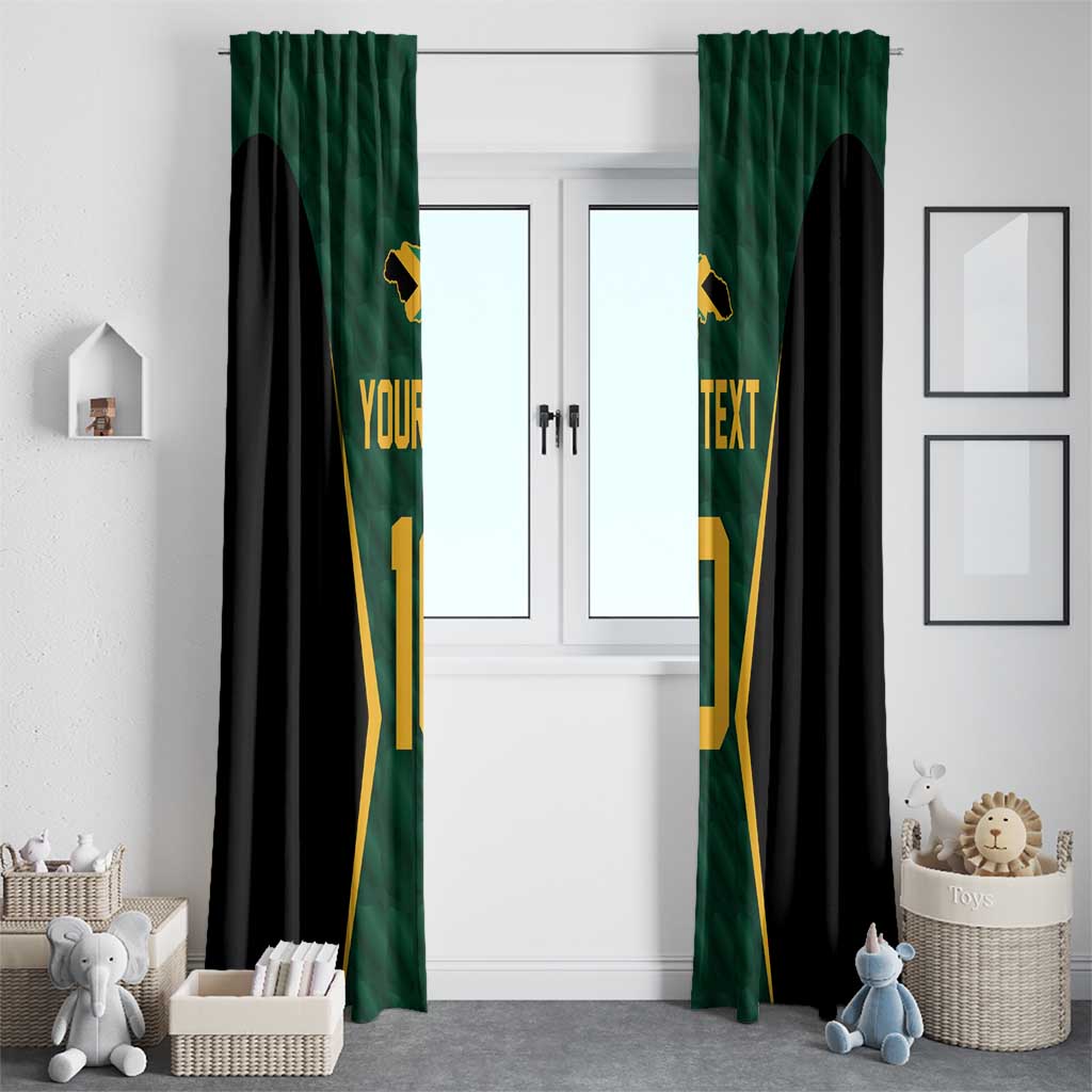 Green and black window curtains with gold cricket jersey print, hanging on a door window
