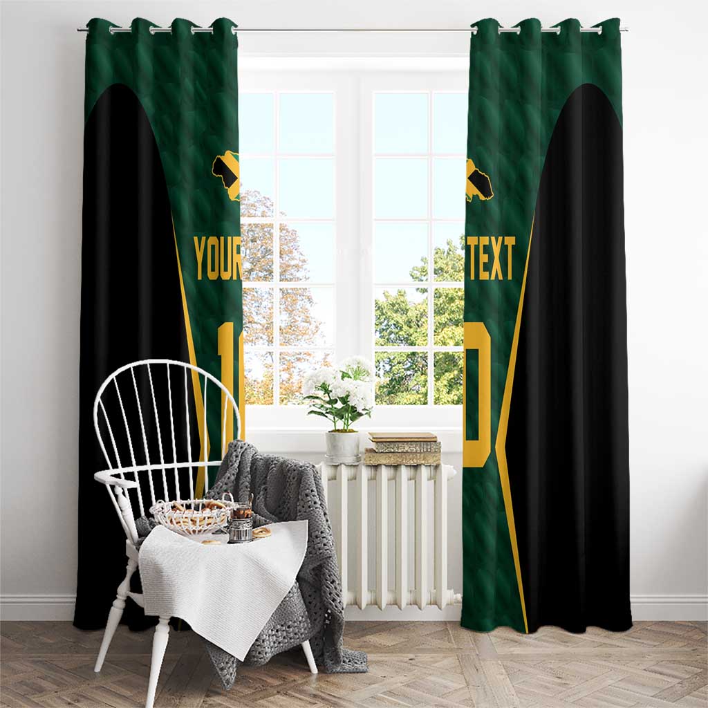 Green and black window curtains with gold jersey graphic and text, hung above a sofa corner