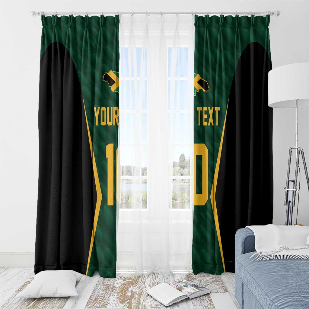 Green and black window curtain set with gold cricket jersey graphics and number 10