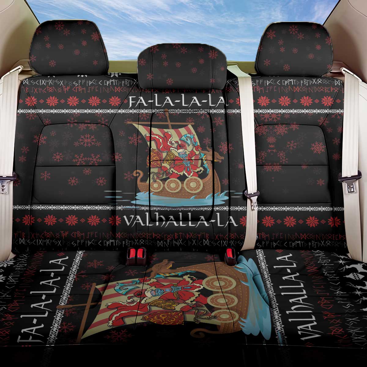 Vikings Christmas Back Car Seat Cover Santa Warrior on The Viking Ship with Xmas and Snowflake Pattern - Wonder Print Shop