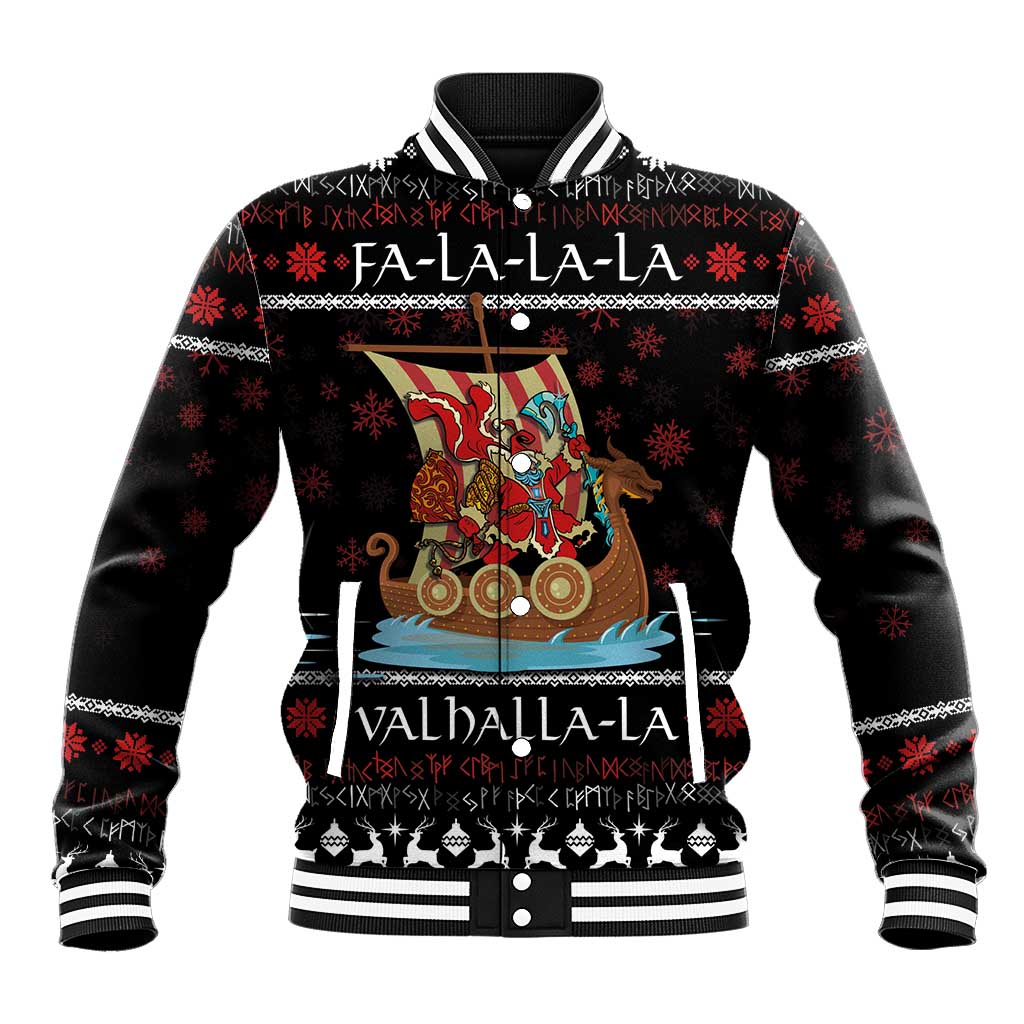 Black unisex baseball jacket with holiday snowflake pattern and Santa warrior graphic