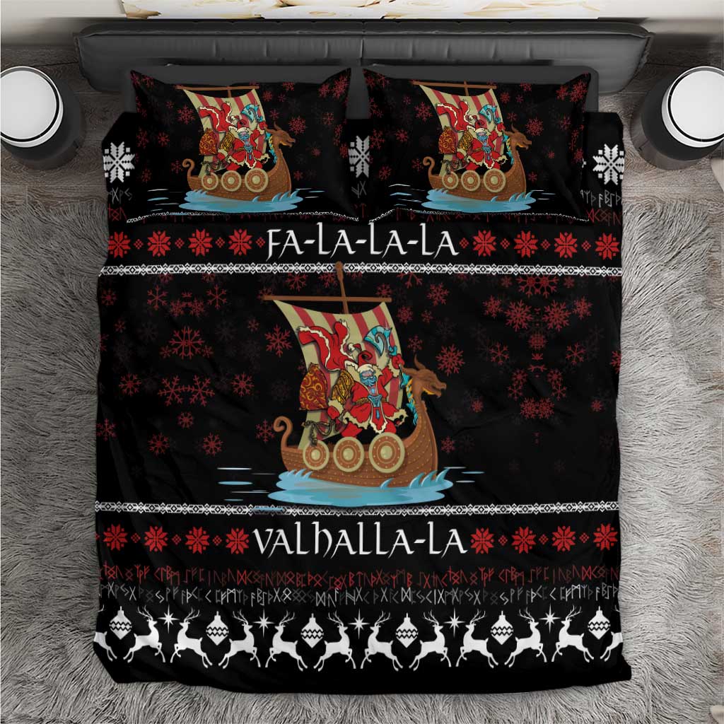 Black holiday bedding set with Viking Santa warrior on ship, snowflakes and Fa-la-la text