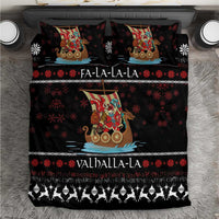 Black holiday bedding set with Viking Santa warrior on ship, snowflakes and Fa-la-la text