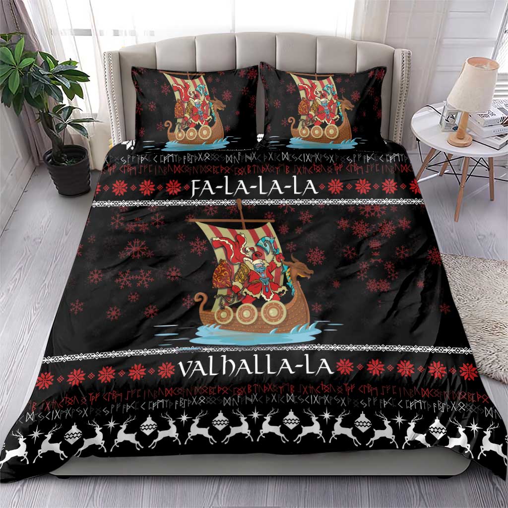 Black bedding set with two pillows and duvet, Viking ship warrior print, snowflakes, Valhalla-la