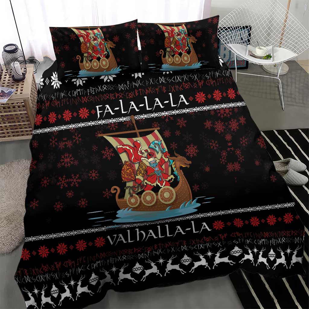 Black duvet bedding set with Viking ship warrior artwork, Fa-la-la stripe and snowflake pattern