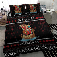 Black duvet bedding set with Viking ship warrior artwork, Fa-la-la stripe and snowflake pattern