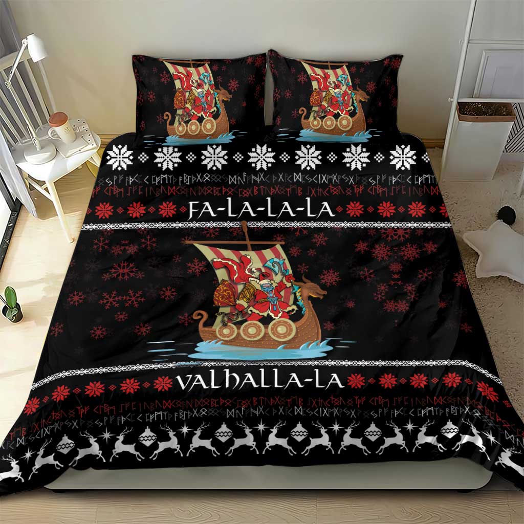 Black holiday bedding set with Viking Santa warrior center print, Valhalla-la border and snowflakes