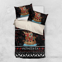 Black duvet and pillow set with Viking Santa warrior on ship, Fa-la-la and Valhalla-la text