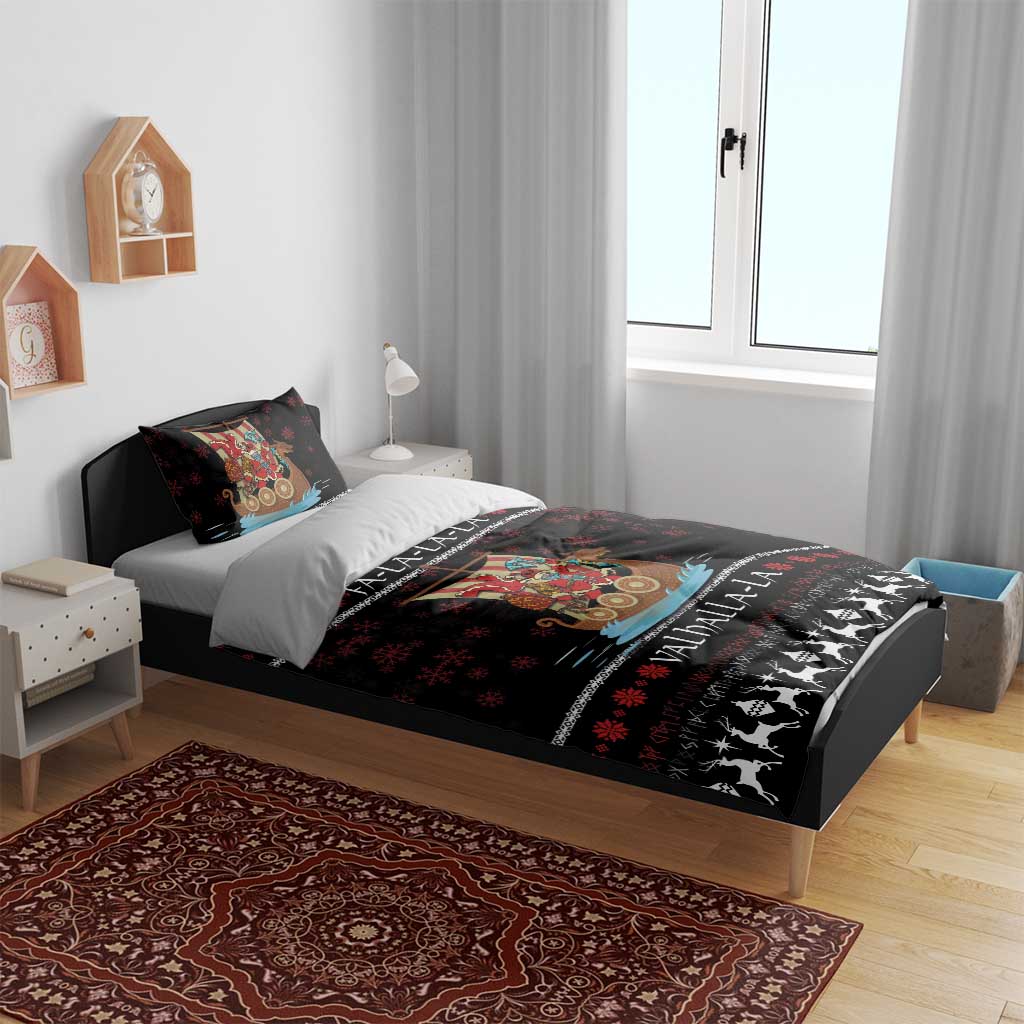 Black duvet bedding set with Viking ship warrior design, Valhalla-la stripe and horse silhouette border