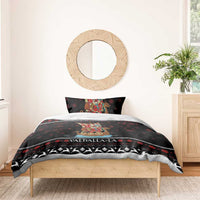 Black duvet cover with Viking ship warrior print, Valhalla-la stripe and snowflake accents