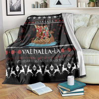 Black Christmas throw blanket with Viking Santa warrior, snowflakes, and Valhalla-La text