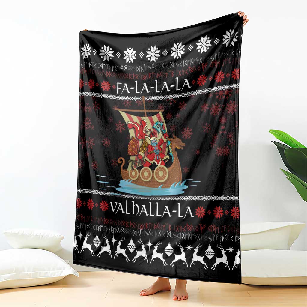 Black holiday blanket held upright, featuring Viking Santa warrior, snowflakes, and Valhalla-La