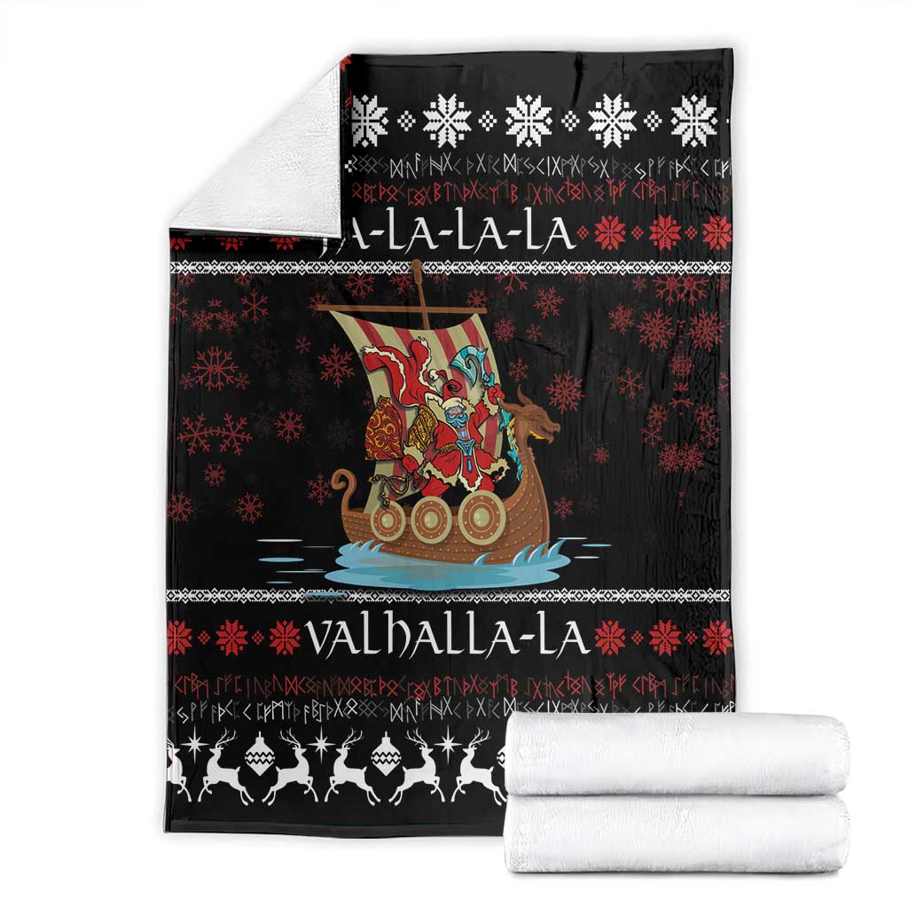 Black Christmas blanket folded and packaged, with Viking Santa warrior, snowflakes, Valhalla-La