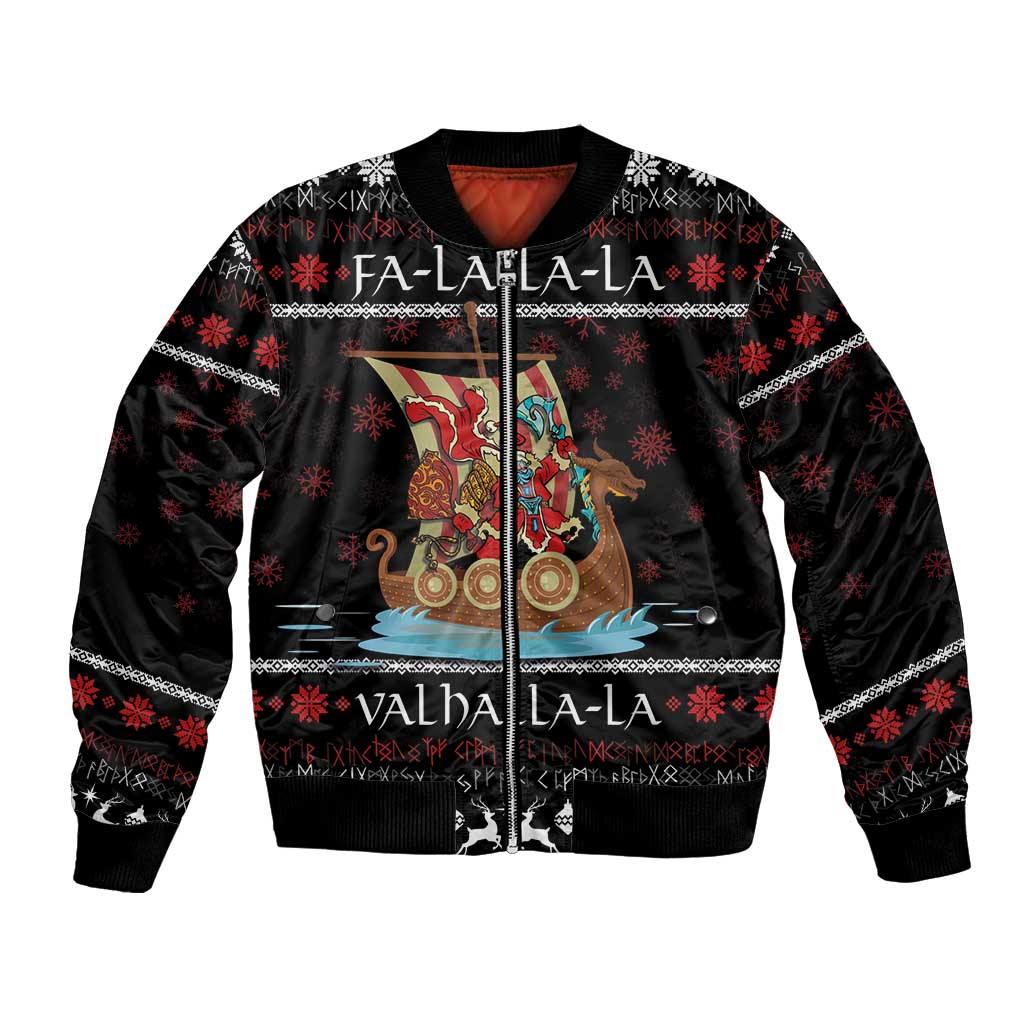 Black unisex bomber jacket with Viking Santa warrior graphic and red snowflake pattern