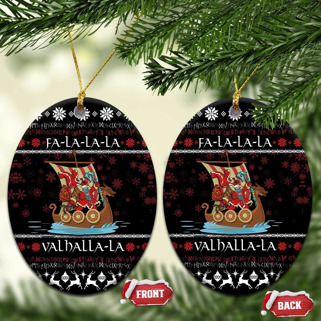 Black round ceramic ornaments with Santa warrior on Viking ship and FA-LA-LA, two pack view