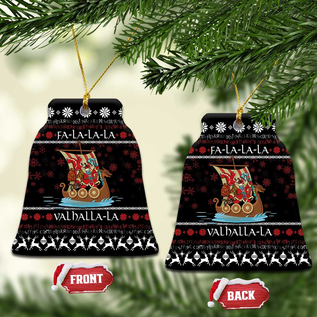 Black bell-shaped ceramic Christmas ornament with Santa warrior on Viking ship, FA-LA-LA