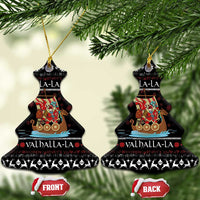Black bell-shaped ceramic ornament with Santa warrior on Viking ship, FA-LA-LA front/back views