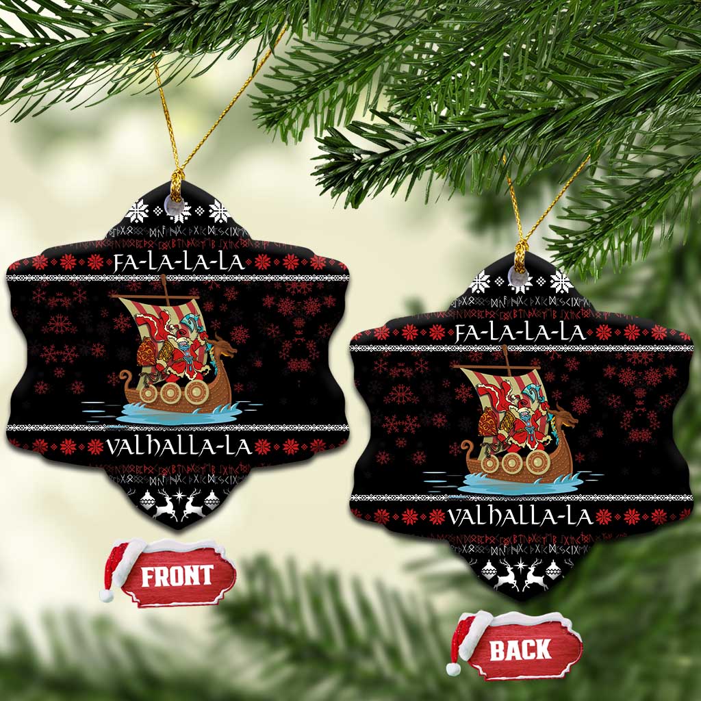 Two black ceramic ornaments: one bell-shaped and one heart-shaped, Santa warrior on Viking ship
