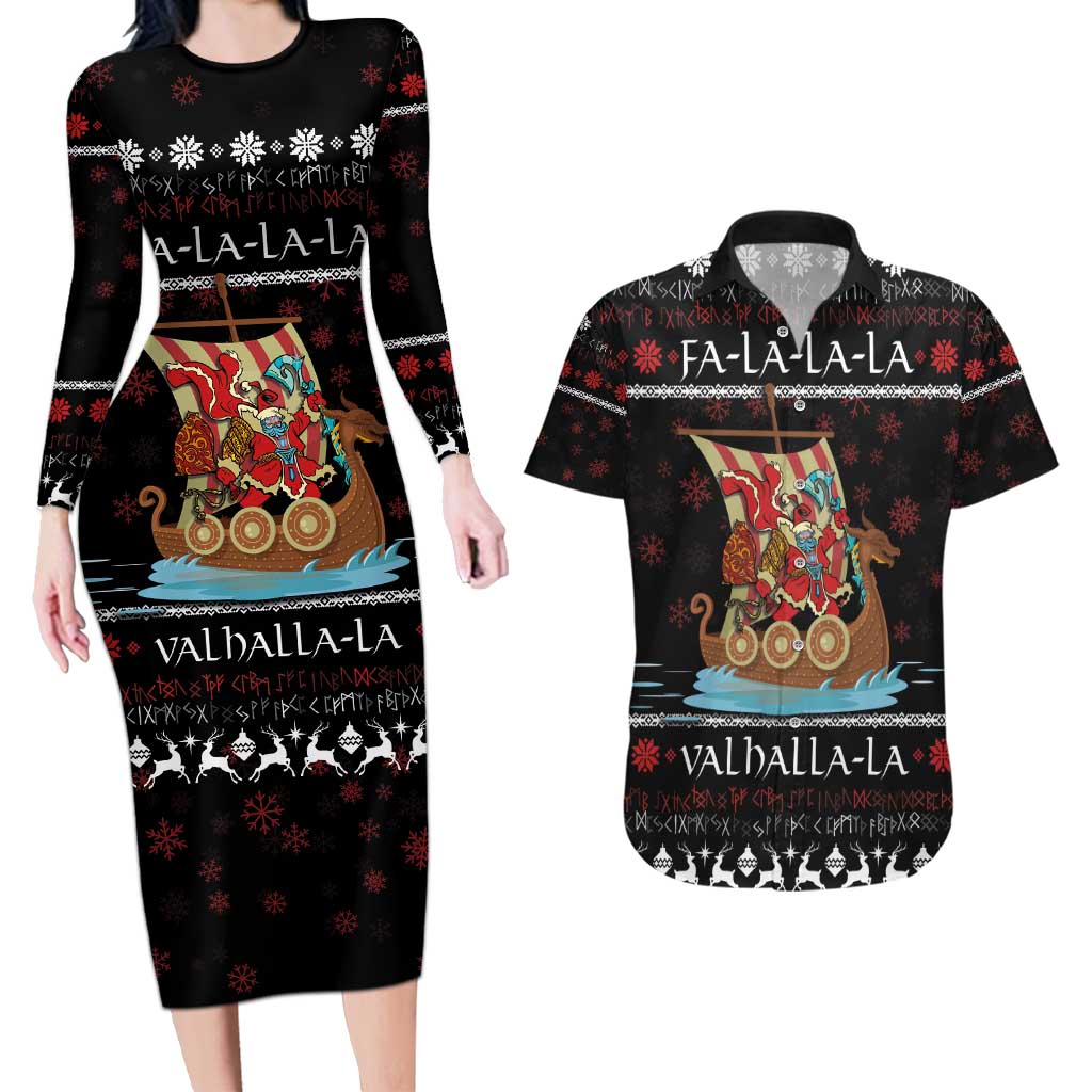 Vikings Christmas Couples Matching Long Sleeve Bodycon Dress and Hawaiian Shirt Santa Warrior on The Viking Ship with Xmas and Snowflake Pattern - Wonder Print Shop