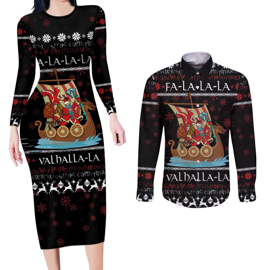 Vikings Christmas Couples Matching Long Sleeve Bodycon Dress and Long Sleeve Button Shirt Santa Warrior on The Viking Ship with Xmas and Snowflake Pattern - Wonder Print Shop