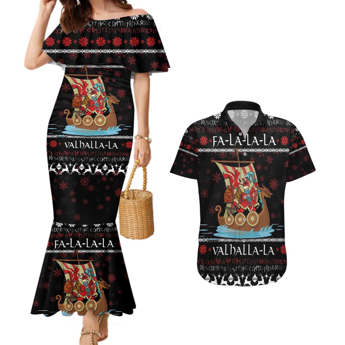 Vikings Christmas Couples Matching Mermaid Dress and Hawaiian Shirt Santa Warrior on The Viking Ship with Xmas and Snowflake Pattern - Wonder Print Shop