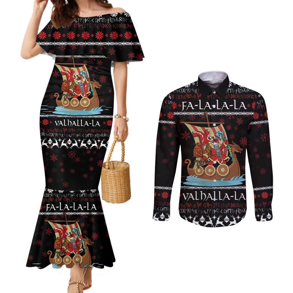 Vikings Christmas Couples Matching Mermaid Dress and Long Sleeve Button Shirt Santa Warrior on The Viking Ship with Xmas and Snowflake Pattern