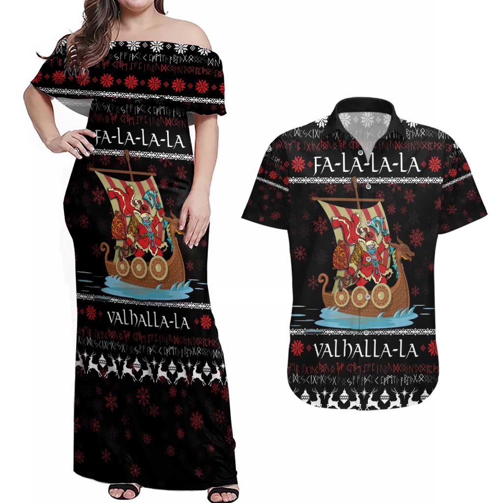 Vikings Christmas Couples Matching Off Shoulder Maxi Dress and Hawaiian Shirt Santa Warrior on The Viking Ship with Xmas and Snowflake Pattern - Wonder Print Shop