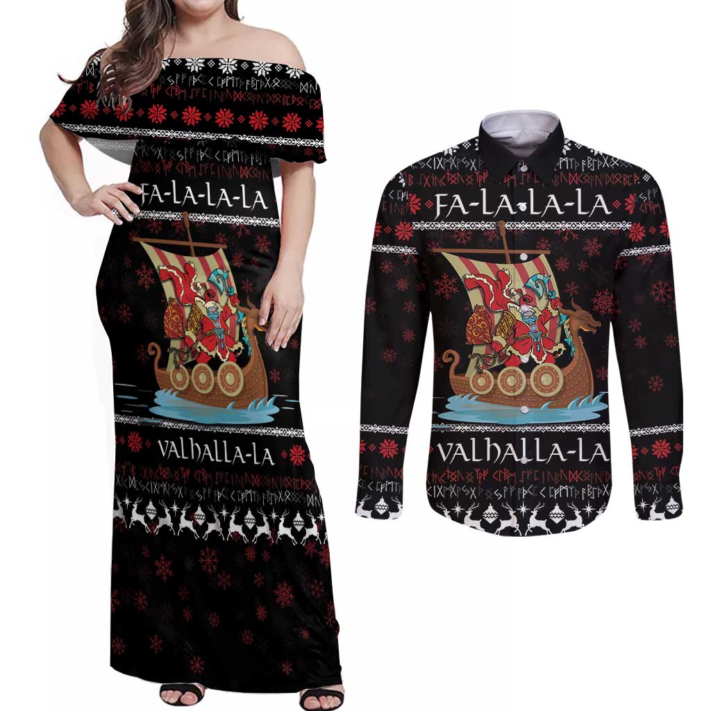 Vikings Christmas Couples Matching Off Shoulder Maxi Dress and Long Sleeve Button Shirt Santa Warrior on The Viking Ship with Xmas and Snowflake Pattern - Wonder Print Shop