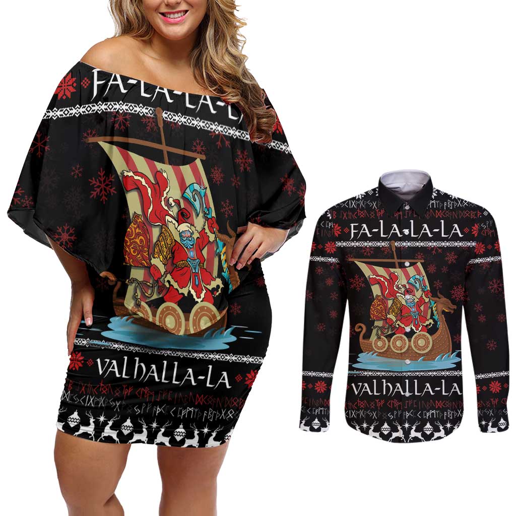 Vikings Christmas Couples Matching Off Shoulder Short Dress and Long Sleeve Button Shirt Santa Warrior on The Viking Ship with Xmas and Snowflake Pattern - Wonder Print Shop