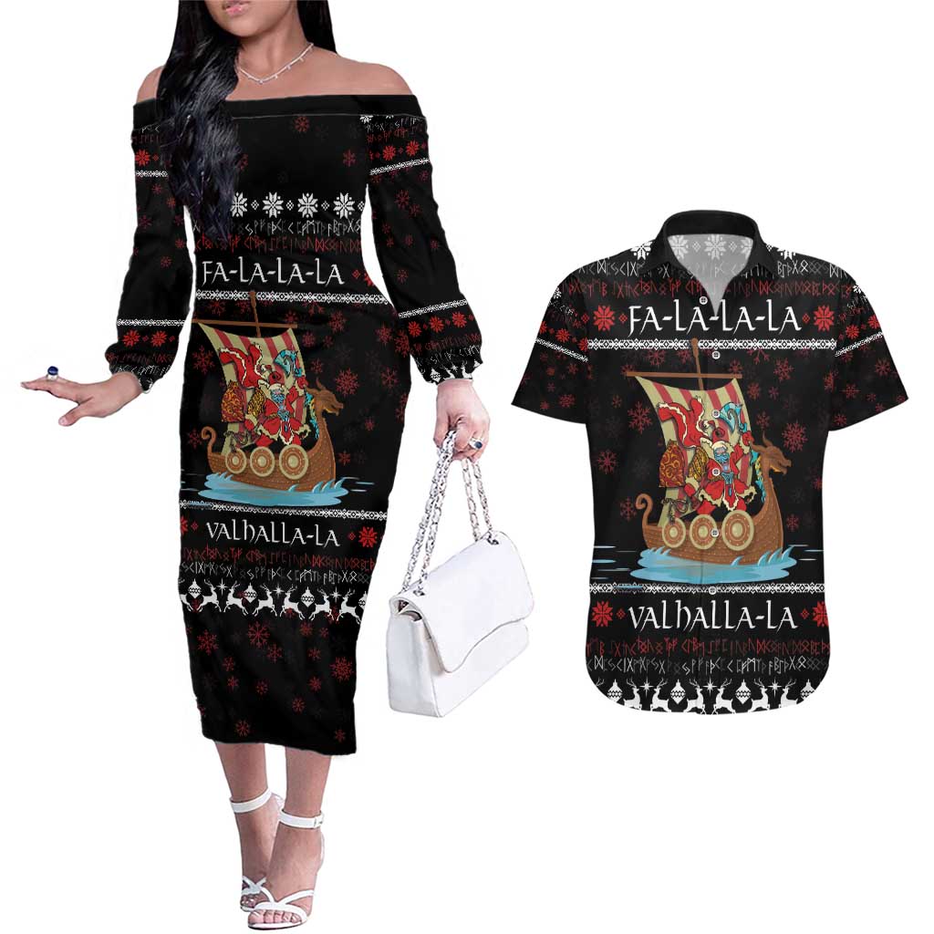 Vikings Christmas Couples Matching Off The Shoulder Long Sleeve Dress and Hawaiian Shirt Santa Warrior on The Viking Ship with Xmas and Snowflake Pattern - Wonder Print Shop