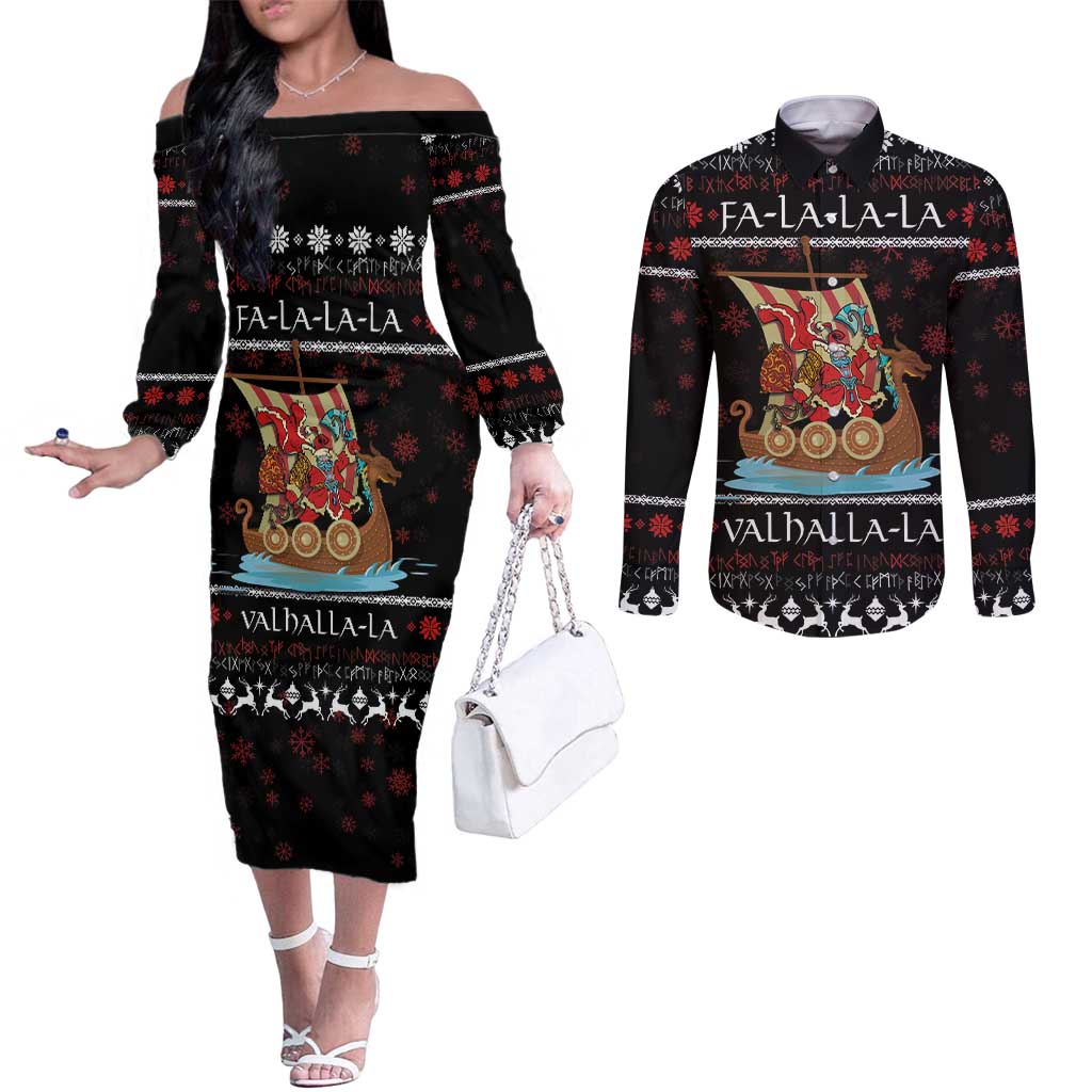 Vikings Christmas Couples Matching Off The Shoulder Long Sleeve Dress and Long Sleeve Button Shirt Santa Warrior on The Viking Ship with Xmas and Snowflake Pattern