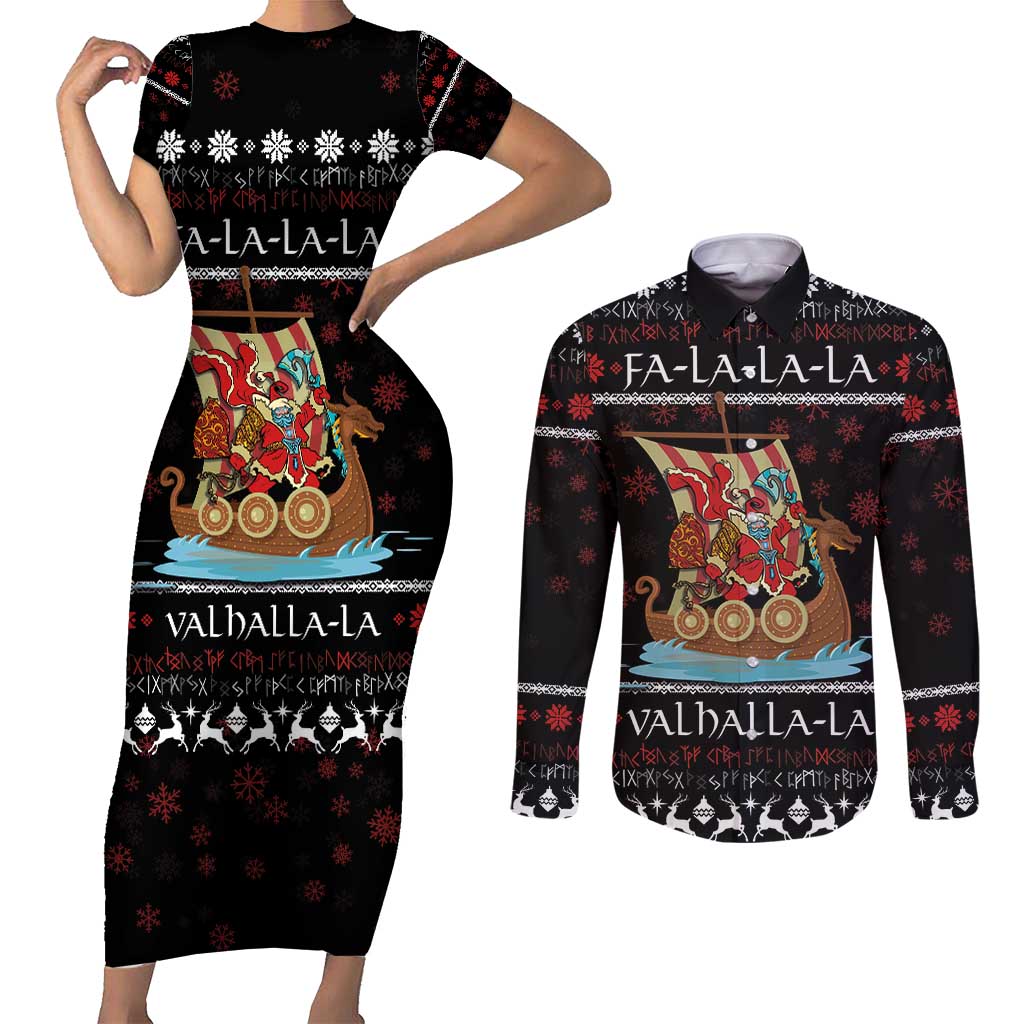 Vikings Christmas Couples Matching Short Sleeve Bodycon Dress and Long Sleeve Button Shirt Santa Warrior on The Viking Ship with Xmas and Snowflake Pattern - Wonder Print Shop