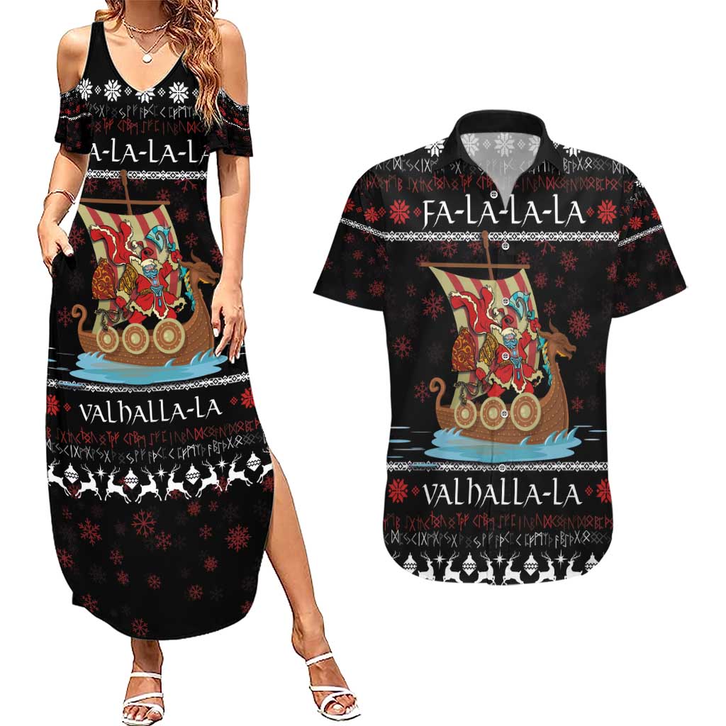 Vikings Christmas Couples Matching Summer Maxi Dress and Hawaiian Shirt Santa Warrior on The Viking Ship with Xmas and Snowflake Pattern - Wonder Print Shop