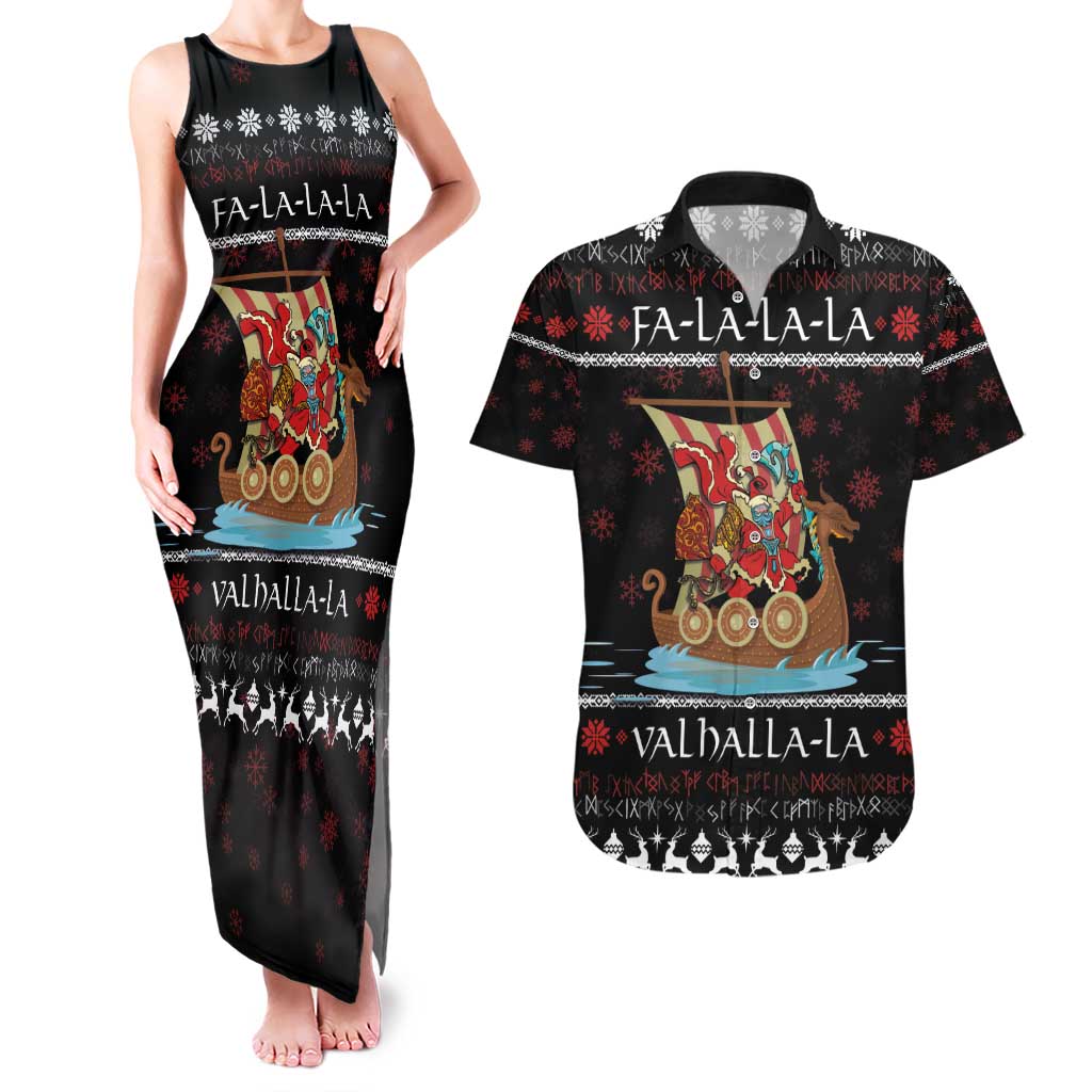 Vikings Christmas Couples Matching Tank Maxi Dress and Hawaiian Shirt Santa Warrior on The Viking Ship with Xmas and Snowflake Pattern - Wonder Print Shop