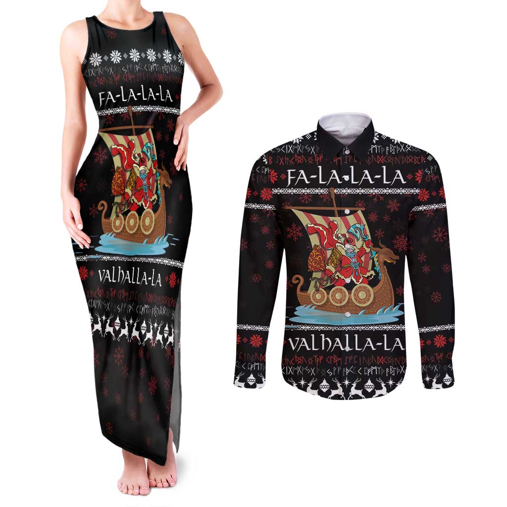 Vikings Christmas Couples Matching Tank Maxi Dress and Long Sleeve Button Shirt Santa Warrior on The Viking Ship with Xmas and Snowflake Pattern - Wonder Print Shop