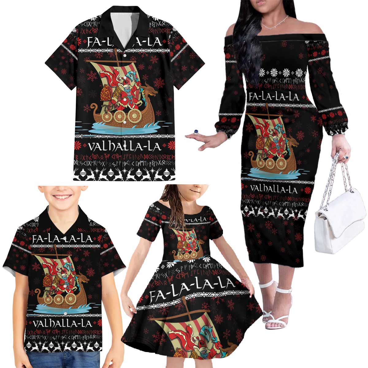 Vikings Christmas Family Matching Off The Shoulder Long Sleeve Dress and Hawaiian Shirt Santa Warrior on The Viking Ship with Xmas and Snowflake Pattern - Wonder Print Shop