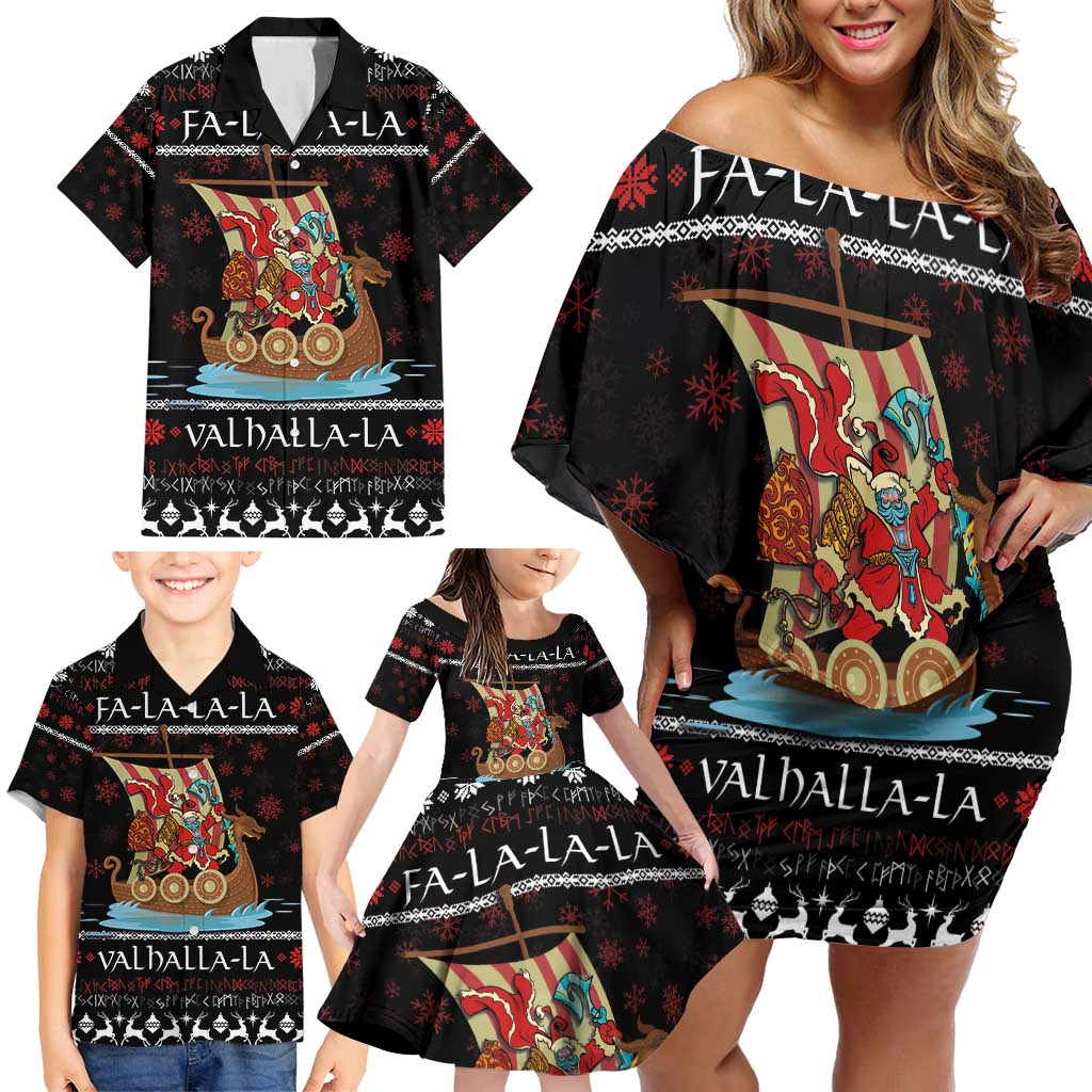 Vikings Christmas Family Matching Off Shoulder Short Dress and Hawaiian Shirt Santa Warrior on The Viking Ship with Xmas and Snowflake Pattern - Wonder Print Shop