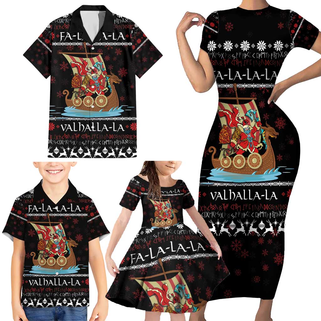 Vikings Christmas Family Matching Short Sleeve Bodycon Dress and Hawaiian Shirt Santa Warrior on The Viking Ship with Xmas and Snowflake Pattern - Wonder Print Shop