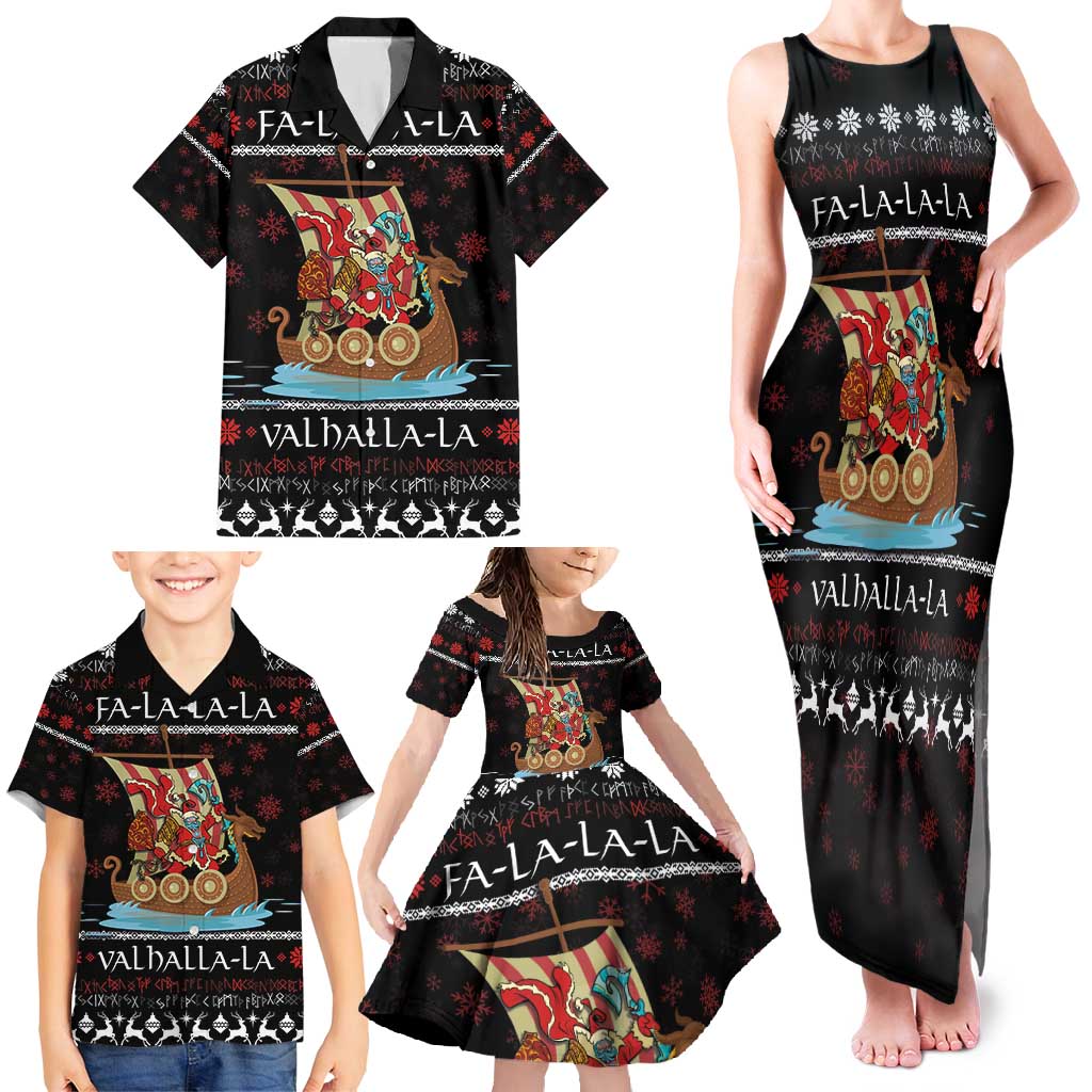 Vikings Christmas Family Matching Tank Maxi Dress and Hawaiian Shirt Santa Warrior on The Viking Ship with Xmas and Snowflake Pattern - Wonder Print Shop