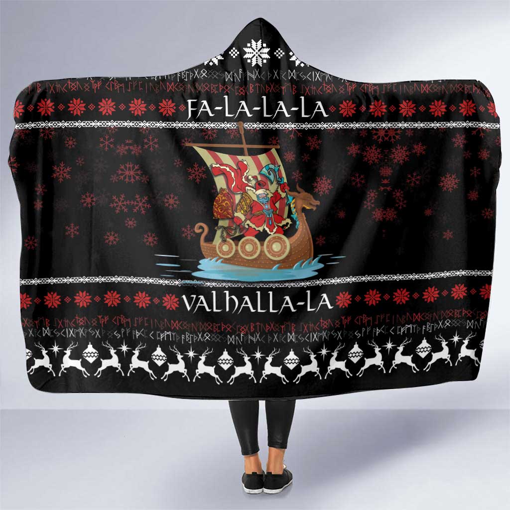 Vikings Christmas Hooded Blanket Santa Warrior on The Viking Ship with Xmas and Snowflake Pattern