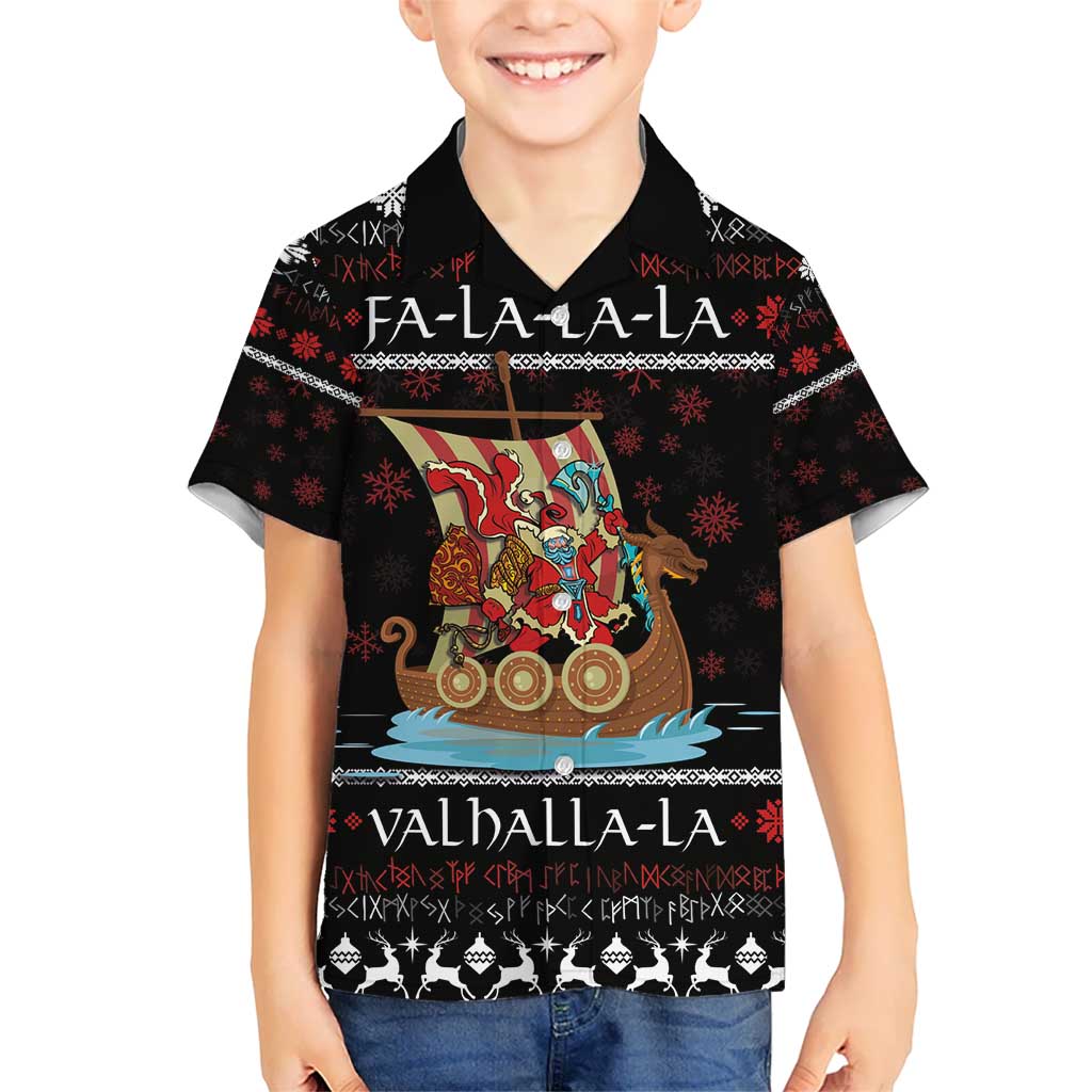 Vikings Christmas Kid Hawaiian Shirt Santa Warrior on The Viking Ship with Xmas and Snowflake Pattern - Wonder Print Shop