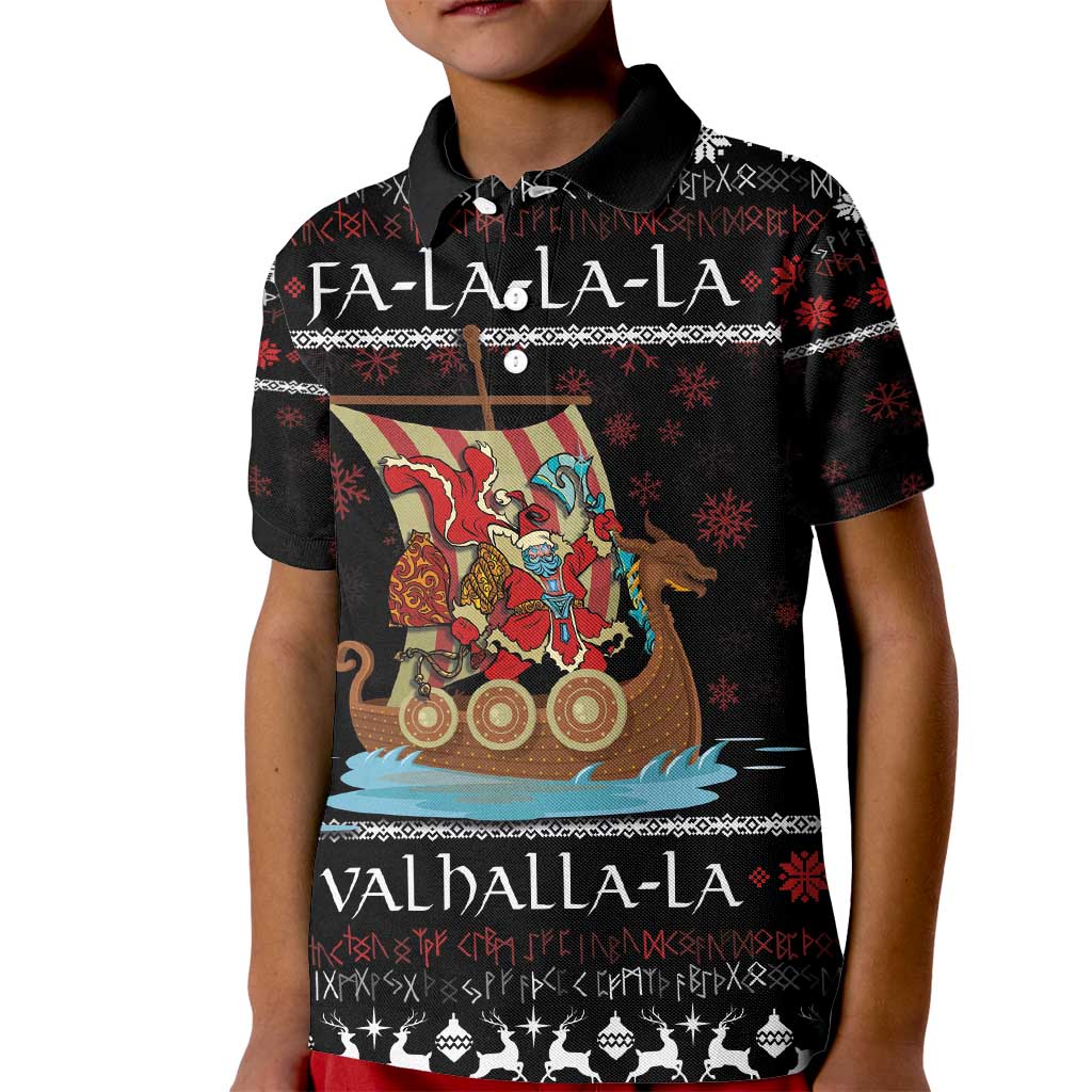 Vikings Christmas Kid Polo Shirt Santa Warrior on The Viking Ship with Xmas and Snowflake Pattern - Wonder Print Shop